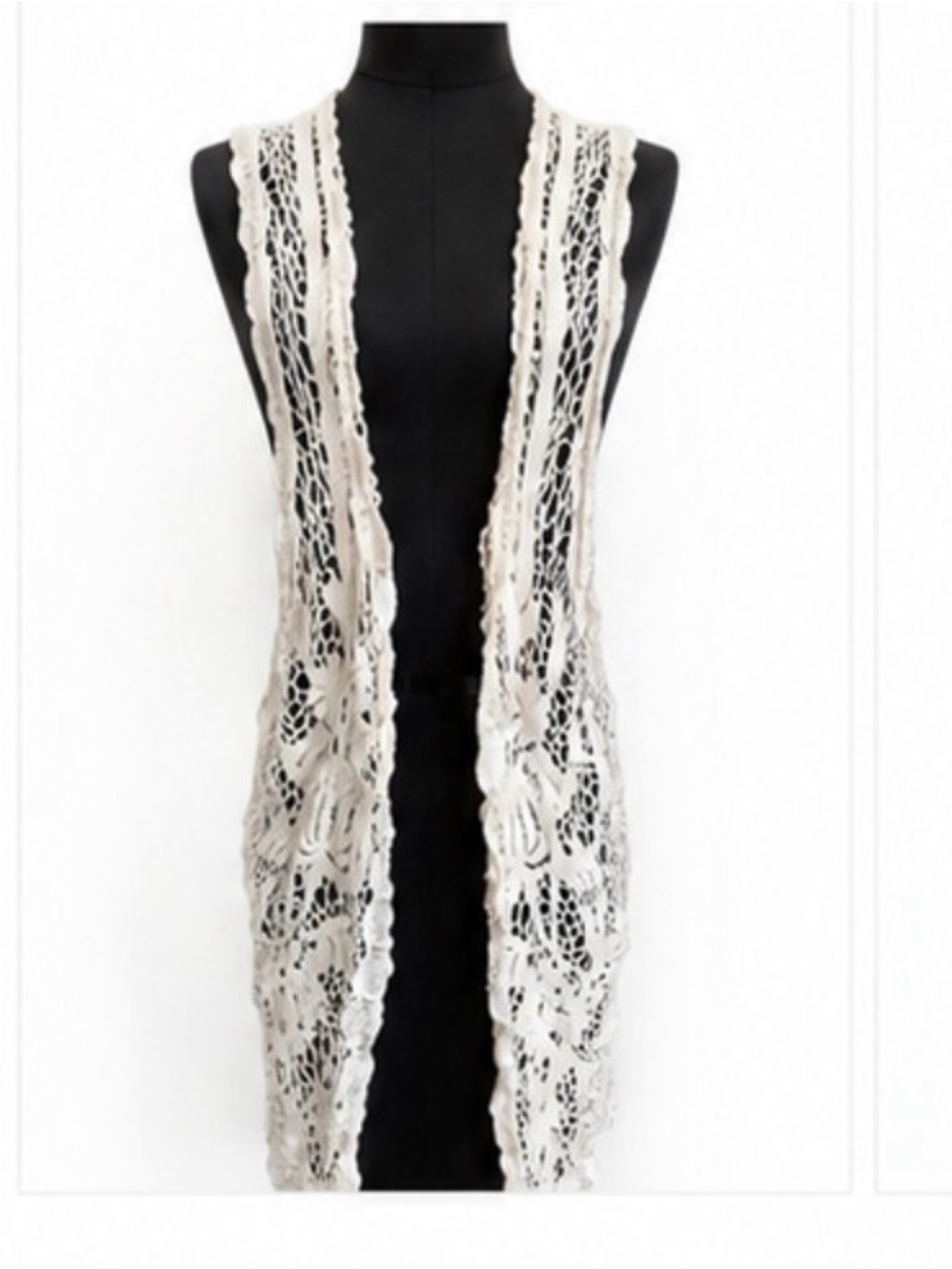 Cream Crochet Lace Longline Open Front Vest Size S
